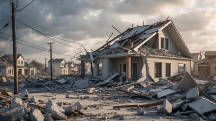 Fototapeta premium Destroyed House in a Damaged Neighborhood Scene