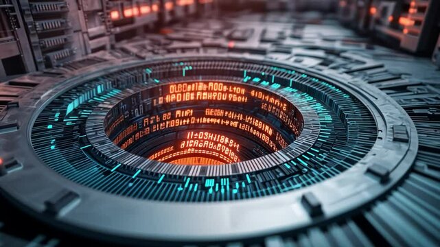 Cybernetic Core: A mesmerizing, futuristic interior with a glowing cybernetic core, a fusion of technology and design. Revealing the cutting-edge essence of innovation and progress. 