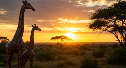 African Sunset Silhouette: Giraffes at Golden Hour in Savannah