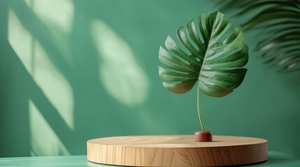 Tropical leaf on wooden podium, soft light, vibrant green background