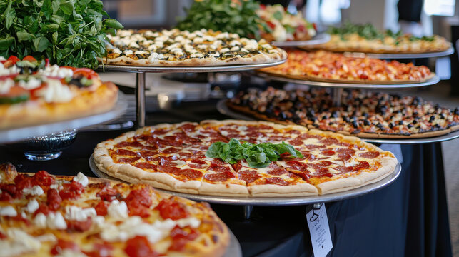 Gourmet pizza display for catering event with various toppings and fresh ingredients, creating inviting atmosphere