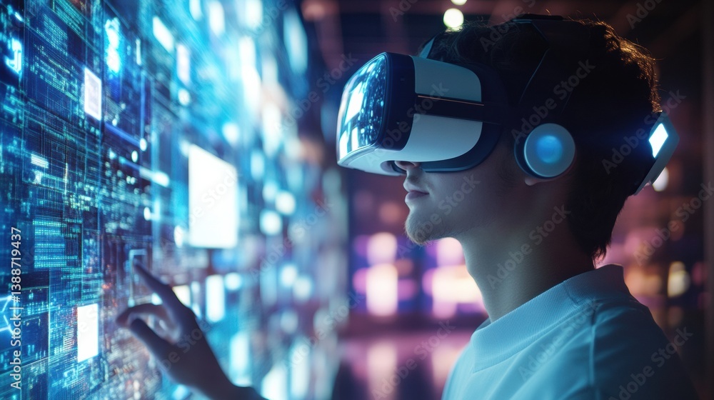 Fototapete student engages in immersive virtual reality learning in a futuristic classroom setting