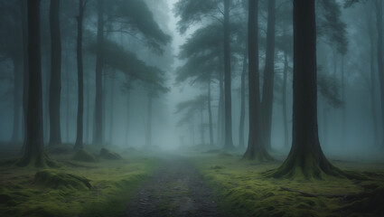 Naklejka premium Mystical Forest with Morning Fog and Tall Trees