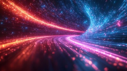Naklejka premium Glowing red and blue particles converge in a tunnel, creating a bright futuristic flow