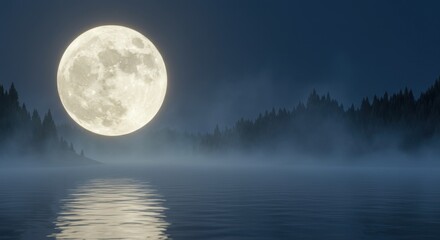 Fototapeta premium Enormous Moon Over Misty Lake and Forest at Night: A Serene Night Scene