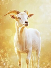 Fototapeta premium White Goat Smiling with Golden Horns Standing in Soft Light