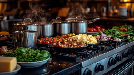 Fototapeta premium Culinary Symphony: A vibrant array of fresh ingredients and cooking equipment are artfully arranged on a commercial-grade stove, hinting at a culinary masterpiece in the making.