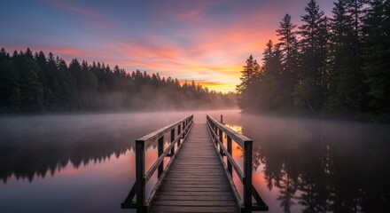 Obraz premium Wooden Pier into Misty Lake at Dawn, Forest Silhouette, Colorful Sky Reflection.