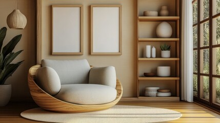 Cozy Interior with Frame: A serene and inviting living space, featuring a modern armchair, a minimalist wooden shelf with decor, and two blank frames, creating a warm and inviting atmosphere.
