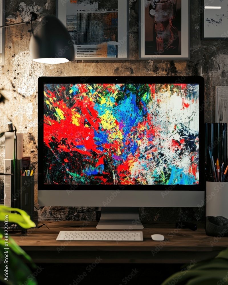 Poster abstract digital art displayed on a high-resolution monitor