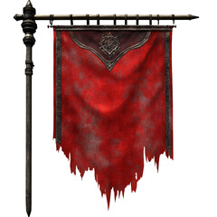 Crimson battle flag hangs tattered on aged wood pole dramatic lighting reveals rich texture and detail.. AI Generated