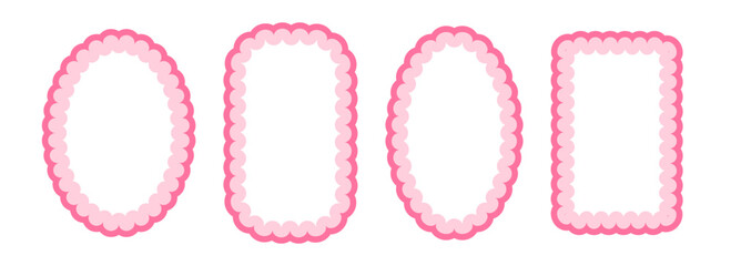 Cute frill pattern frame set. Pink scalloped ellipse and rectangle border collection. Soft wavy lace edge shape in rococo style for decoration, poster, banner. Girly coquette element pack. Vector