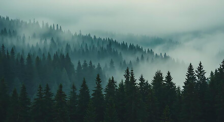 Naklejka premium A misty landscape featuring a fir forest, captured in a hipster vintage retro style.