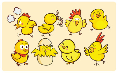 Cute yellow little chicken character cartoon set, with many actions.