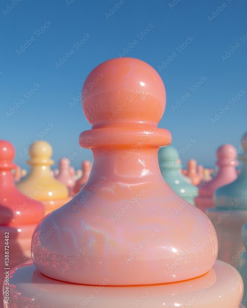 Poster gradient pastel chess strategy glossy sculptural pawn symbolizing soft power, digital design and tre