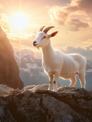 Fototapeta premium Goat Standing on Mountain Peak with Scenic Sunset Background