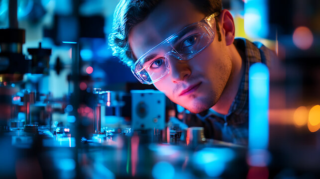 A quantum computing engineer working on quantum machine learning algorithms for optimization, lab with quantum processors and algorithms visible, High-tech style
