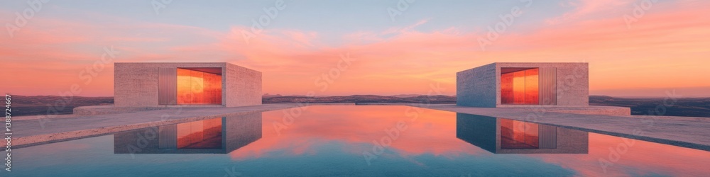 Aufkleber minimalist brutalist architecture symmetrical concrete structures reflecting golden hour sunset - in