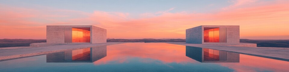 Minimalist Brutalist Architecture Symmetrical Concrete Structures Reflecting Golden Hour Sunset - Innovative Urban Design Meets Sensory Spatial Experience