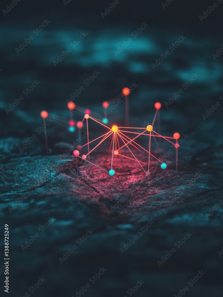 Aufkleber Hyper-Connected Digital Ecosystem Luminescent Network Nodes Visualizing Quantum Connectivity on Textured Terrain - AI-Driven Technological Innovation