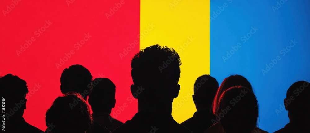 Poster urban demographic visualization dynamic silhouette crowd against vibrant chromatic backdrop - emergi