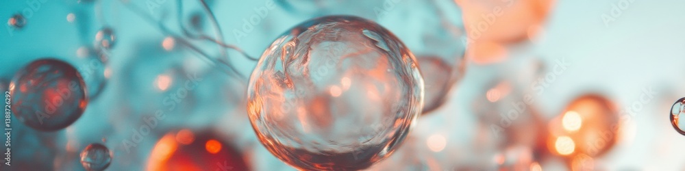 Poster holographic molecular fusion immersive biotech visualization with soft pastel chromatic spheres - in