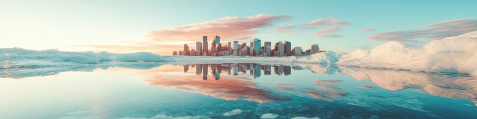 Fototapeta premium Surreal Urban Reflection Montreals Climate-Resilient Skyline Merging Architectural Innovation with Ethereal Natural Landscapes - Sustainable Cityscape Visualization