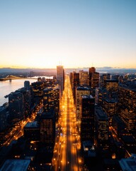 Fototapeta premium Urban Luminescence Golden Hour Montreal Cityscape - Immersive Digital Tourism Experience Showcasing Vibrant Metropolitan Connectivity and Architectural Innovation