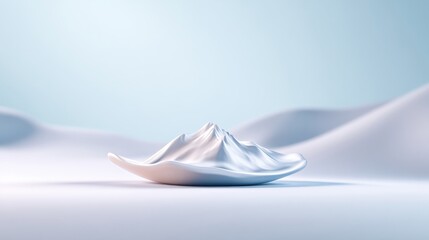 A stylized white mountain sculpture rests on a leaf-shaped dish. The scene is minimalist, set against a softly lit, undulating white background. High-resolution digital rendering with soft lighting