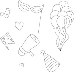 Outlined Birthday Party Clipart: Hand-drawn Birthday Decorations: Cartoon Birthday Doodles