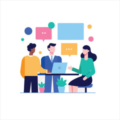 Illustration of three people in a meeting with speech bubbles and a laptop