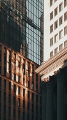 Fototapeta premium Urban Heritage Reimagined Architectural Narrative of Timeless Design - Modernist Glass Skyscraper Meets Neoclassical Columns in Compelling City Evolution Showcase