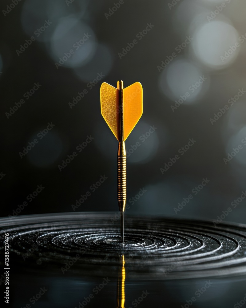 Poster Hyper-Focused Performance Visualization Golden Precision Dart Piercing Textured Target with Bokeh Minimalism - Peak Achievement Metaphor for Strategic Excellence