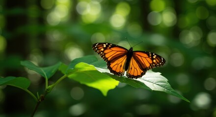 Fototapeta premium Monarch Butterfly Resting on a Lush Green Leaf in a Sunlit Forest