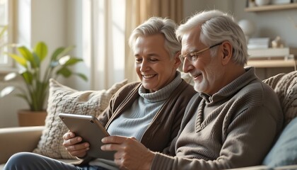 Older couple using tablet together in cozy modern living room with natural light, warm tones, soft focus, showing connection and tech use, perfect for lifestyle and inclusivity themes
