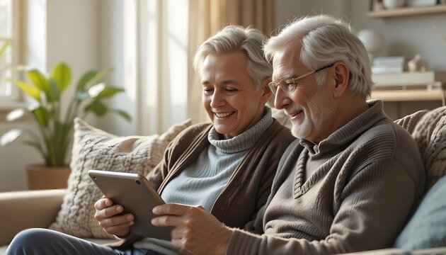 Older couple using tablet together in cozy modern living room with natural light, warm tones, soft focus, showing connection and tech use, perfect for lifestyle and inclusivity themes