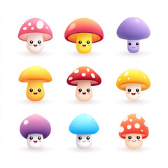 Cute cartoon mushrooms with colorful caps and smiling faces on white background