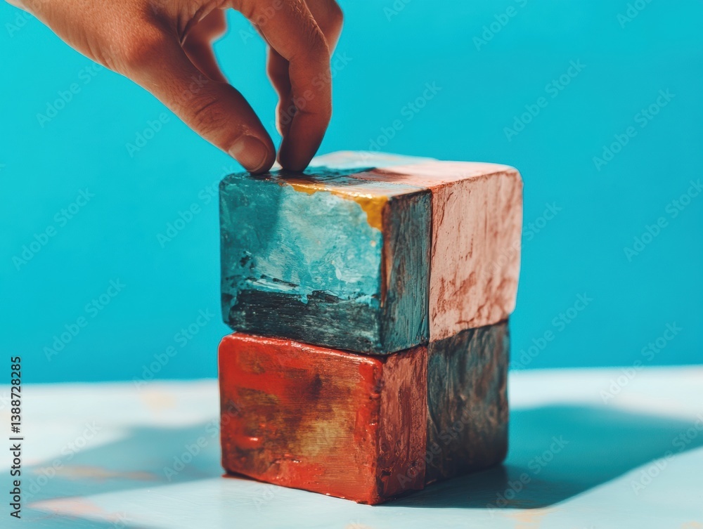 Poster minimalist achievement visualization dynamic wooden cube composition highlighting professional growt