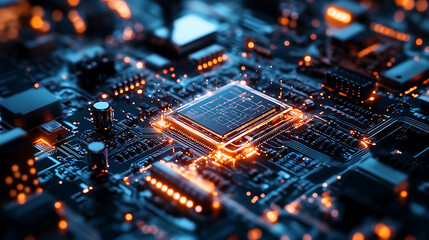 A quantum computing lab, glowing circuits and superconducting processors, cool-toned ambient lighting