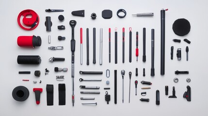 Neatly arranged electrician tools on a white surface, showcasing precision and organization in professional craftsmanship.
