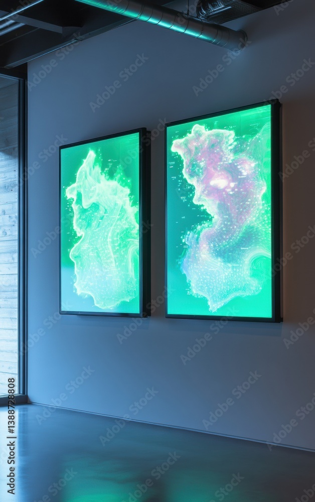 Poster Fluid Data Visualization Ethereal Green Tech Art Panels Transforming Modern Workspace Design with Ambient Generative Graphics and Immersive Digital Aesthetics