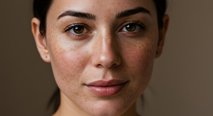 Close-up portrait of a woman with natural freckles and melasma, showcasing her unique pigmentation with a confident, serene expression.