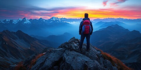 Fototapeta premium A man stands on a mountain top with a red backpack