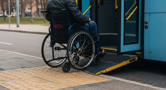Person in Wheelchair Using a Bus Ramp for Accessible Public Transportation