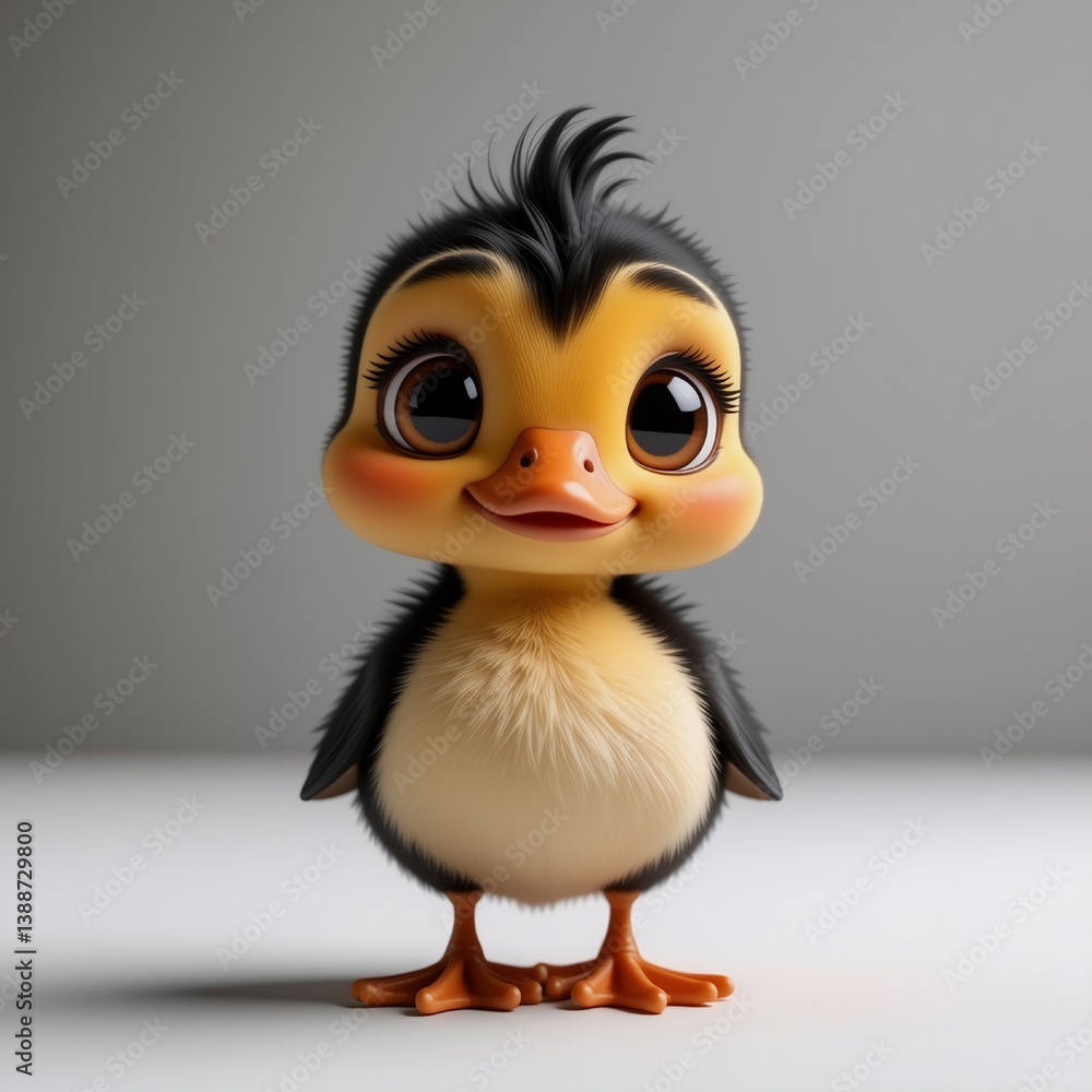 Aufkleber A charming baby duckling with bright eyes and fluffy black and yellow feathers.  It stands on a white surface with a smooth grey backdrop, creating a studio-like portrait.