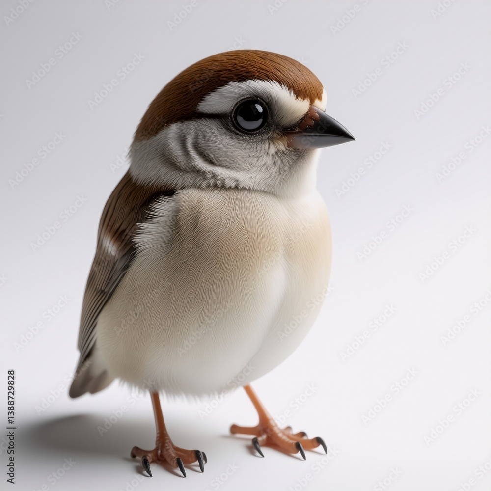 Poster a small bird with brown and white feathers stands against a plain white background. the bird has a r