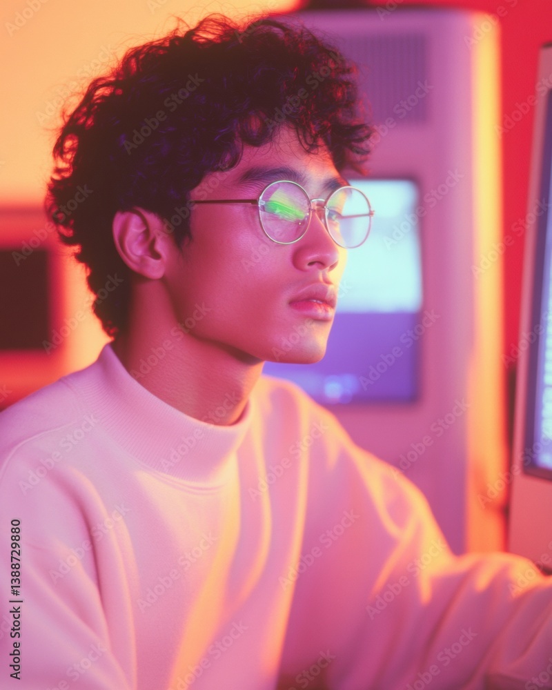 Aufkleber synthwave aesthetic gen z innovator in neon-drenched creative space - digital nomad workspace explor
