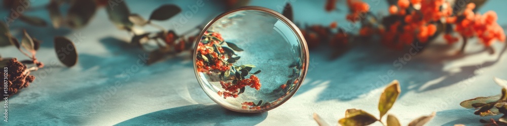 Poster crystalline insight macro glass sphere refracting autumnal botanical essence - mindful design explor