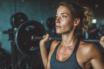 woman lifting weights in gym.