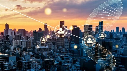 Cityscape with DNA Helix: Urban Genetic Connections at Sunset - Powered by Adobe
